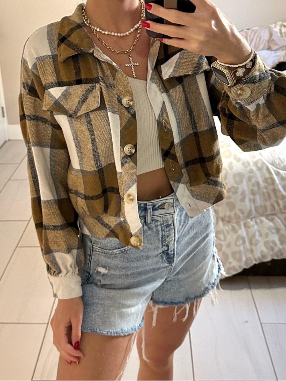 Plaid Button-Front Shacket in Brown & Ivory Medium